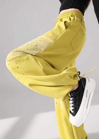 Loose Yellow Pockets Zircon Solid Wide Leg Pants Fall