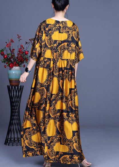 Loose Yellow Print Silk Loose Ankle Dress Summer - SooLinen