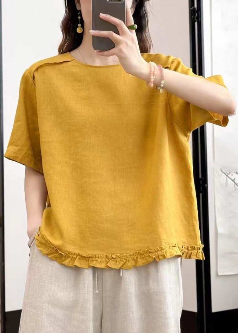 Loose Yellow Ruffled Button Linen Blouses Summer