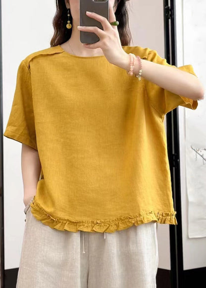 Loose Yellow Ruffled Button Linen Blouses Summer