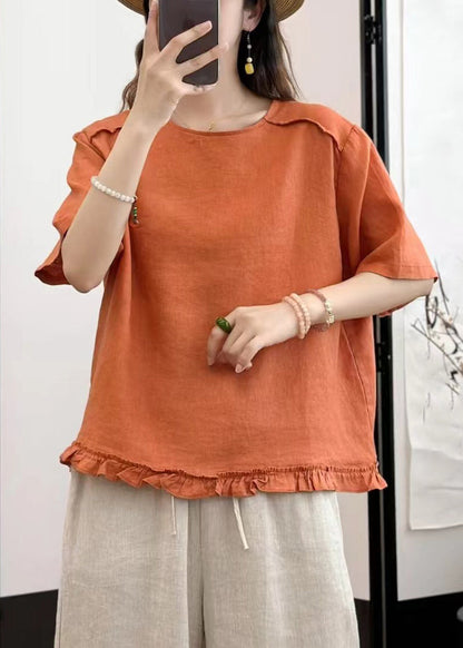 Loose Yellow Ruffled Button Linen Blouses Summer