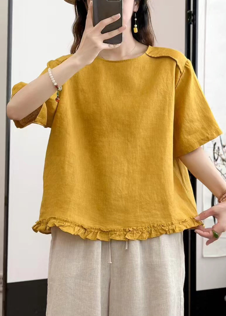 Loose Yellow Ruffled Button Linen Blouses Summer