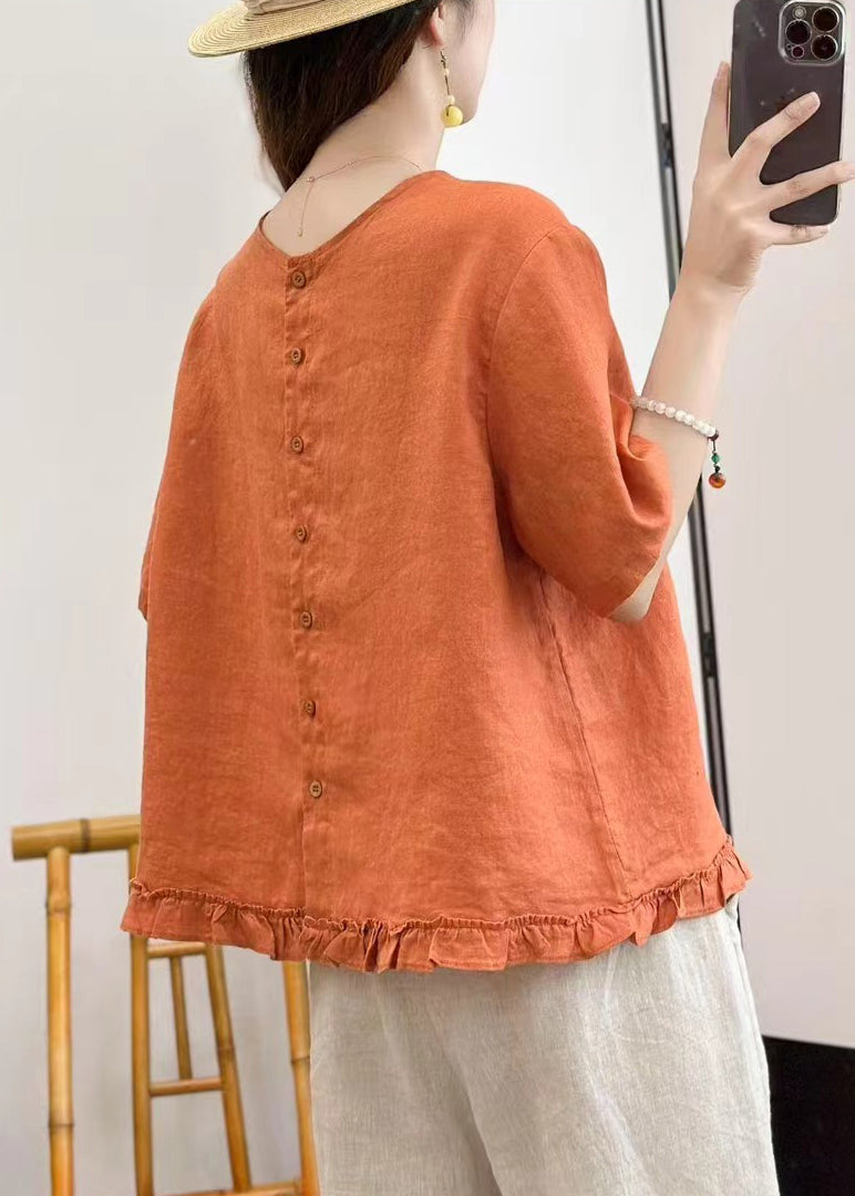 Loose Yellow Ruffled Button Linen Blouses Summer