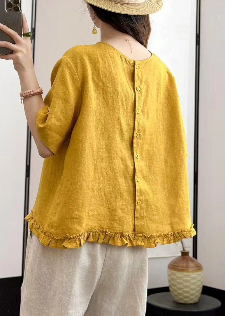 Loose Yellow Ruffled Button Linen Blouses Summer
