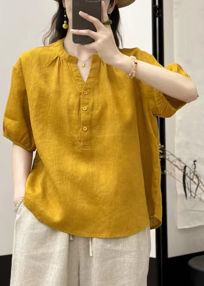 Loose Yellow V Neck Button Linen Blouses Summer
