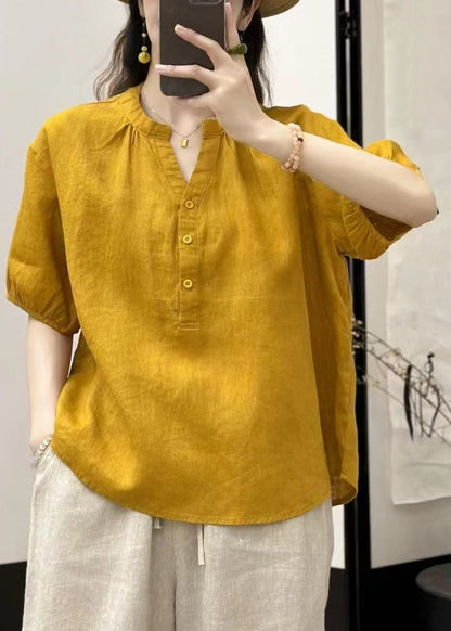 Loose Yellow V Neck Button Linen Blouses Summer