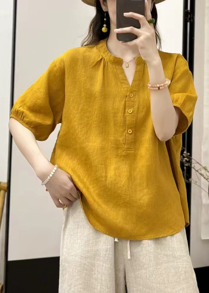 Loose Yellow V Neck Button Linen Blouses Summer