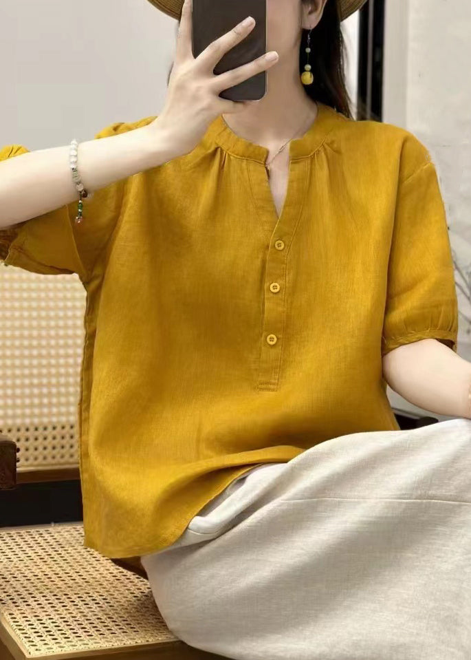 Loose Yellow V Neck Button Linen Blouses Summer