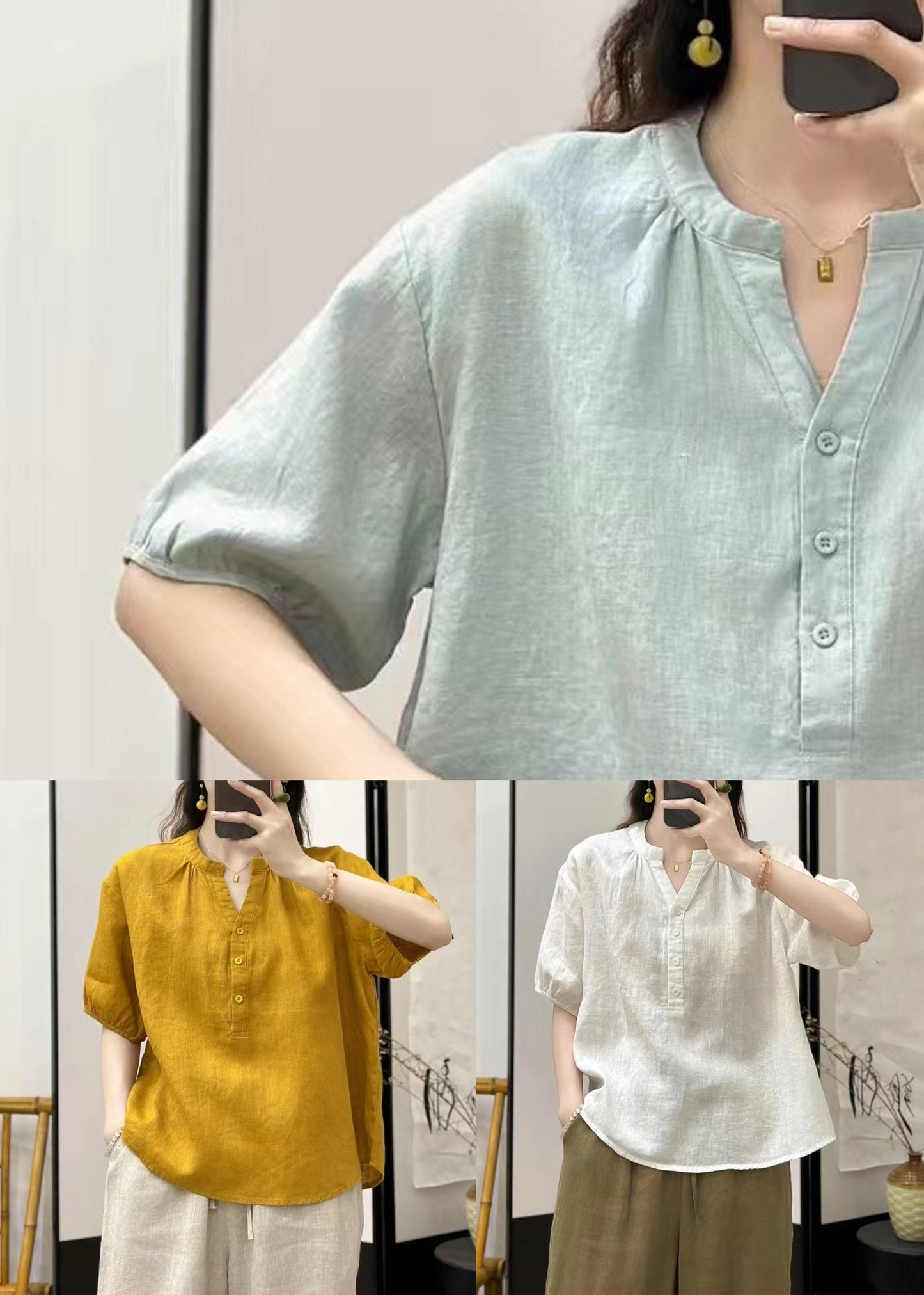 Loose Yellow V Neck Button Linen Blouses Summer