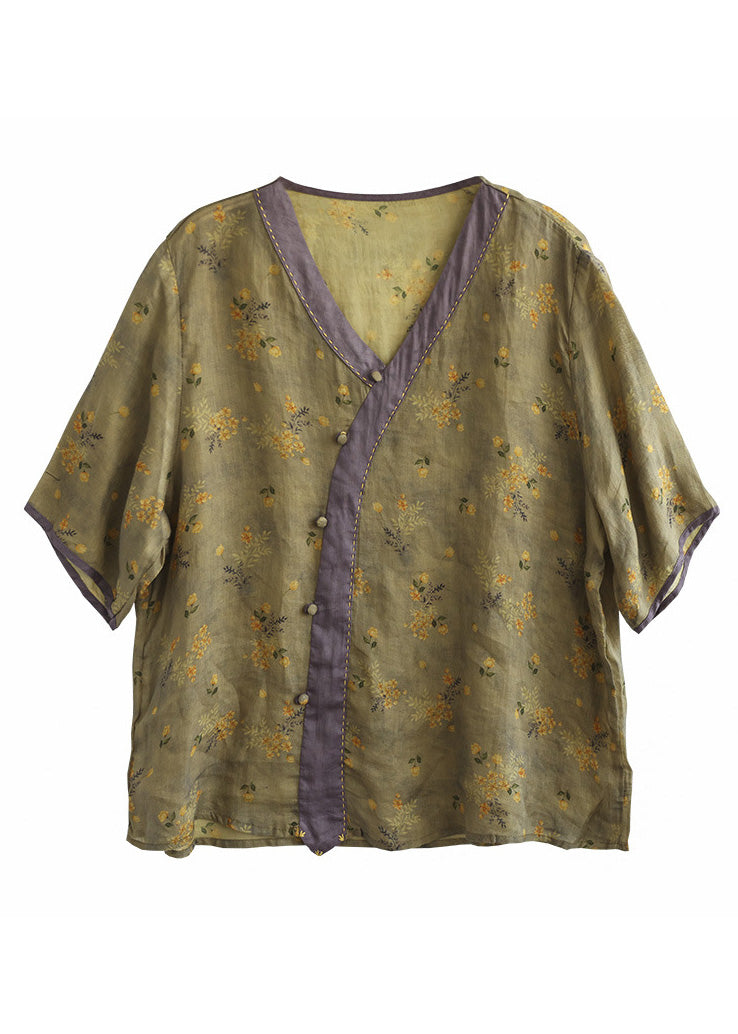 Top holgado de ramio con botones y cuello en V amarillo para verano