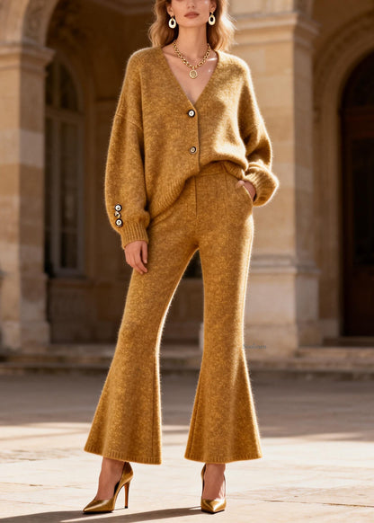 Loose Yellow V Neck Cotton Knit Cardigans And Flared Trousers Two Pieces Set Spring