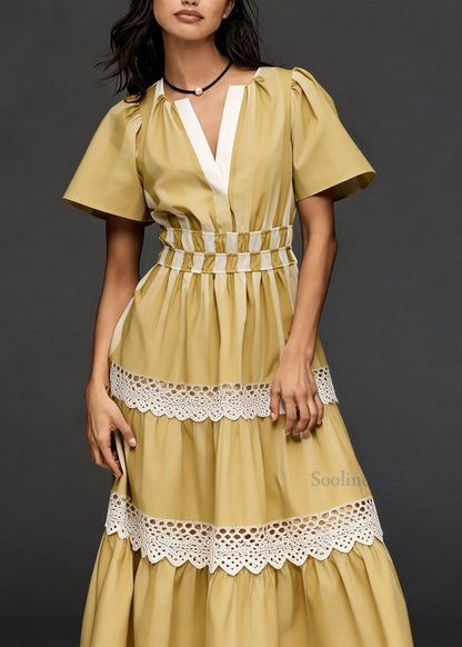Loose Yellow V Neck Lace Patchwork Cotton Vacation Dresses Summer