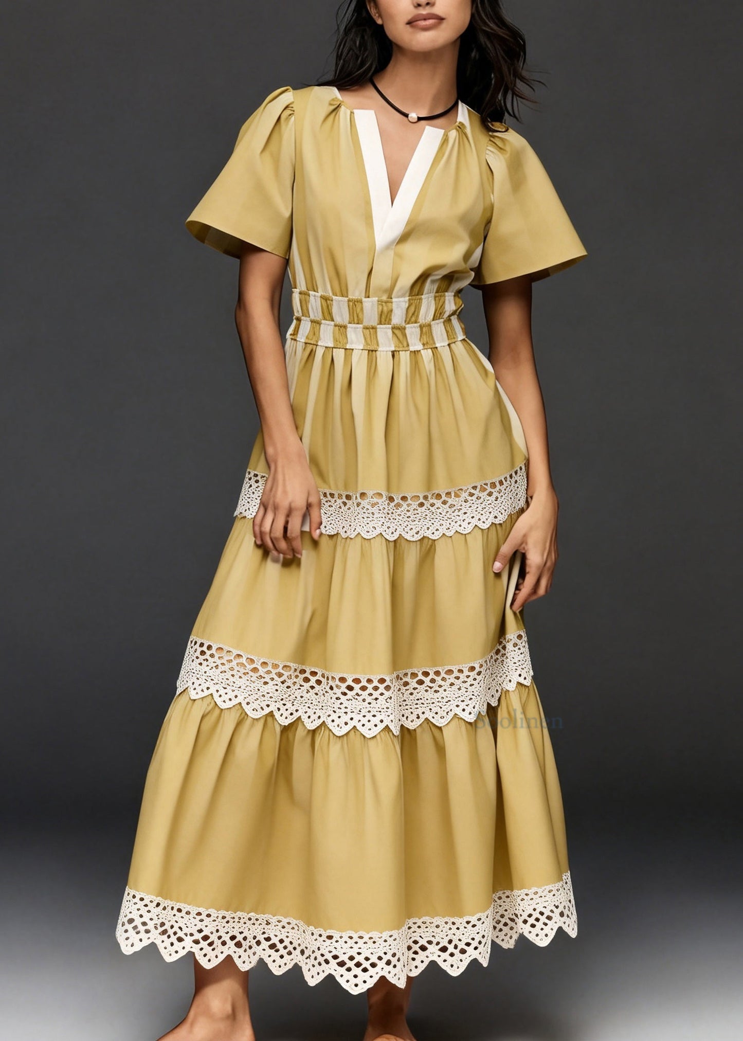 Loose Yellow V Neck Lace Patchwork Cotton Vacation Dresses Summer