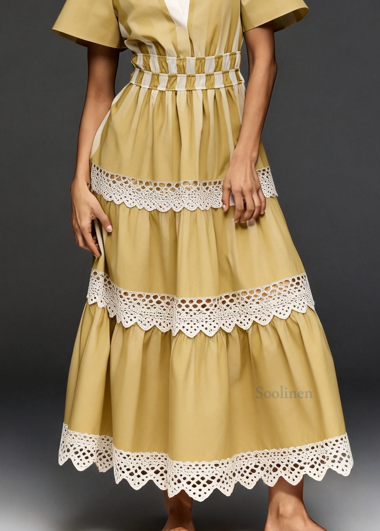 Loose Yellow V Neck Lace Patchwork Cotton Vacation Dresses Summer