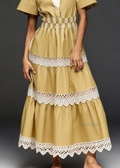 Loose Yellow V Neck Lace Patchwork Cotton Vacation Dresses Summer
