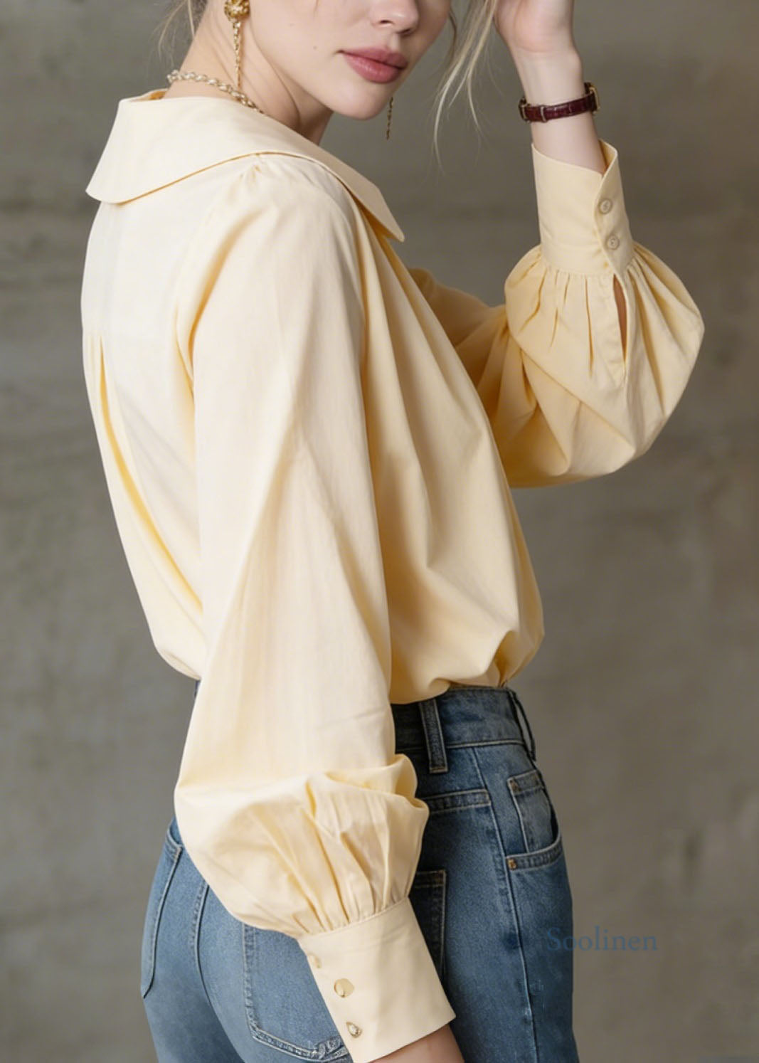 Loose Yellow V Neck Patchwork Cotton Shirt Top Spring