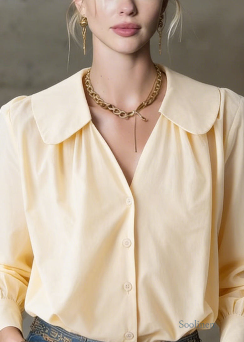 Loose Yellow V Neck Patchwork Cotton Shirt Top Spring