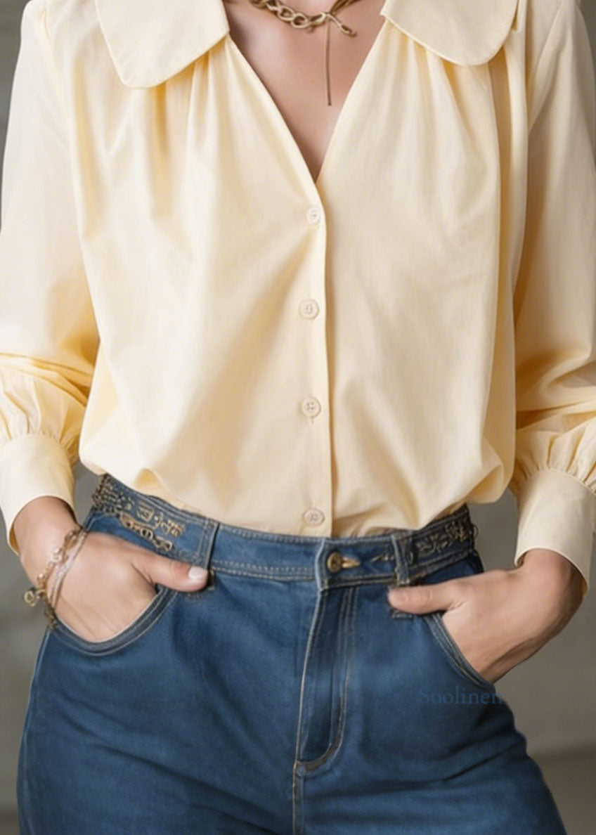 Loose Yellow V Neck Patchwork Cotton Shirt Top Spring