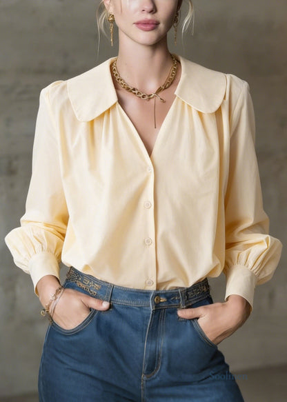 Loose Yellow V Neck Patchwork Cotton Shirt Top Spring
