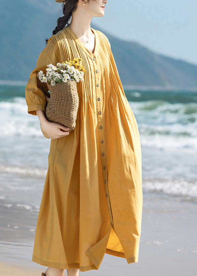 Loose Yellow V Neck Wrinkled Maxi Dresses Three Quarter Sleeve