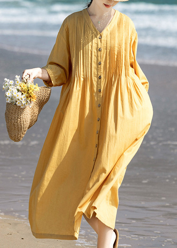 Loose Yellow V Neck Wrinkled Maxi Dresses Three Quarter Sleeve