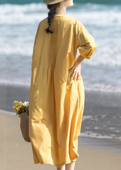 Loose Yellow V Neck Wrinkled Maxi Dresses Three Quarter Sleeve