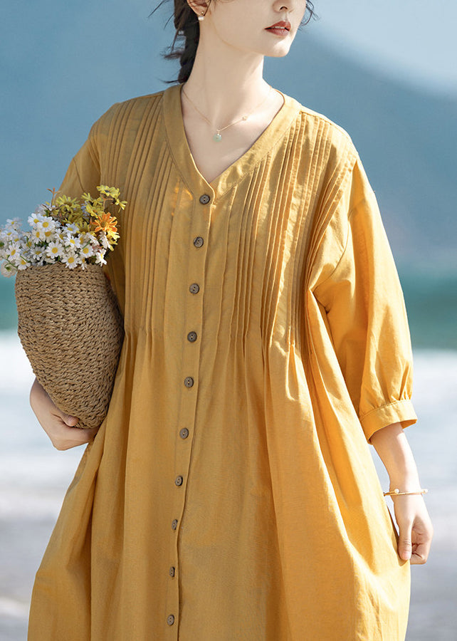 Loose Yellow V Neck Wrinkled Maxi Dresses Three Quarter Sleeve