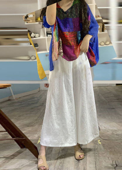 Lockeres gelbes Patchwork-Oberteil aus Leinen mit V-Ausschnitt und Hose mit weitem Bein, zweiteiliges Set mit Fledermausärmeln