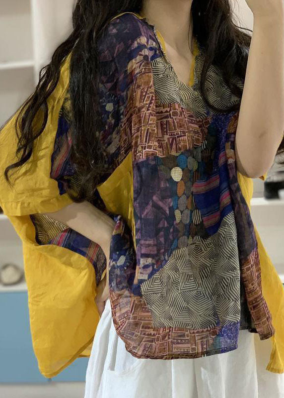 Lockeres gelbes Patchwork-Oberteil aus Leinen mit V-Ausschnitt und Hose mit weitem Bein, zweiteiliges Set mit Fledermausärmeln