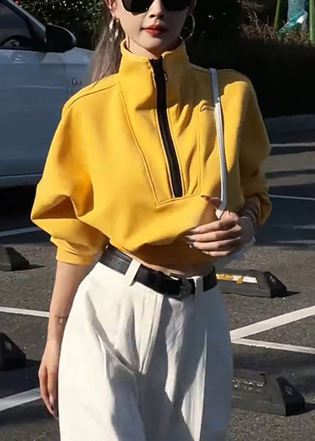 Lockeres gelbes Baumwoll-Sweatshirt mit Reißverschluss, Frühlingsoberteil