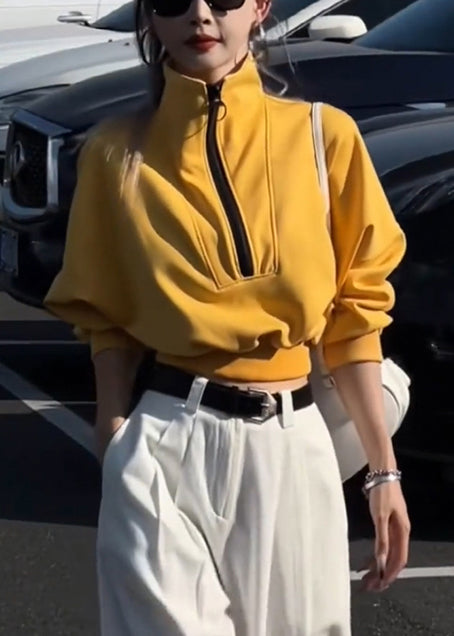 Lockeres gelbes Baumwoll-Sweatshirt mit Reißverschluss, Frühlingsoberteil