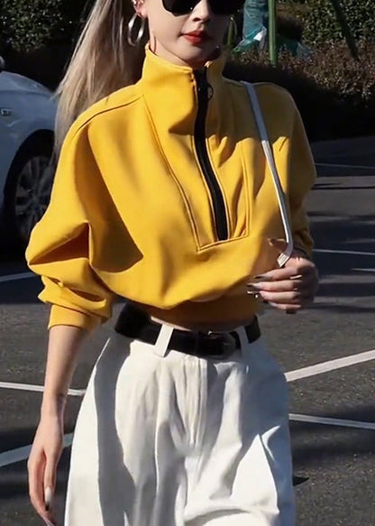 Lockeres gelbes Baumwoll-Sweatshirt mit Reißverschluss, Frühlingsoberteil