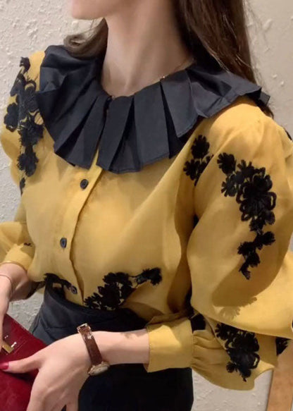 Lose gelbe Knopfspitze Patchwork Chiffon Shirts Laterne Ärmel