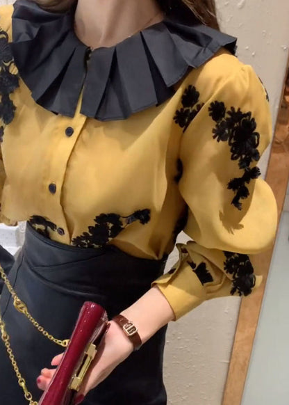 Lose gelbe Knopfspitze Patchwork Chiffon Shirts Laterne Ärmel