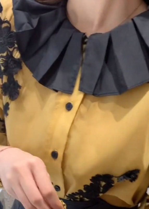 Lose gelbe Knopfspitze Patchwork Chiffon Shirts Laterne Ärmel