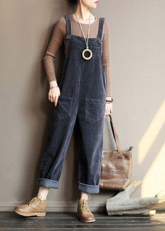 Loose and  gray corduroy pants overalls college style forest jumpsuit - SooLinen