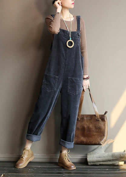 Loose and  gray corduroy pants overalls college style forest jumpsuit - SooLinen