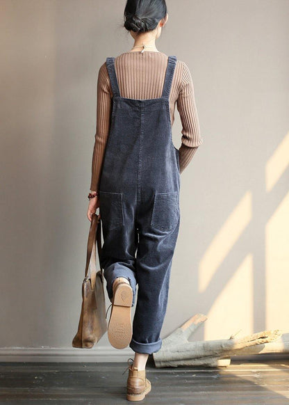 Loose and  gray corduroy pants overalls college style forest jumpsuit - SooLinen