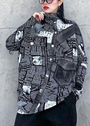 Loose asymmetric cotton half high neck clothes For Women Fashion Ideas black prints shirts - SooLinen