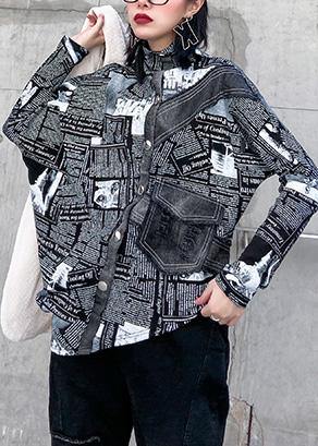 Loose asymmetric cotton half high neck clothes For Women Fashion Ideas black prints shirts - SooLinen