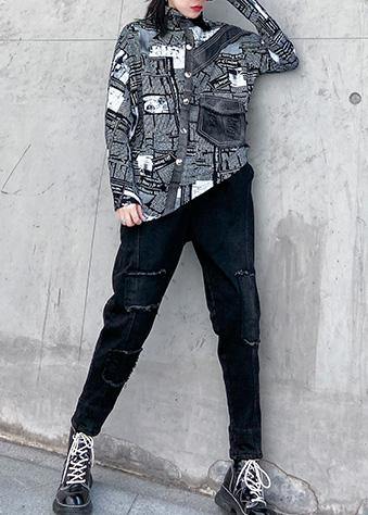 Loose asymmetric cotton half high neck clothes For Women Fashion Ideas black prints shirts - SooLinen