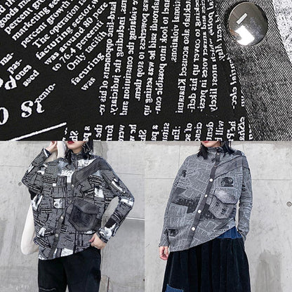 Loose asymmetric cotton half high neck clothes For Women Fashion Ideas black prints shirts - SooLinen