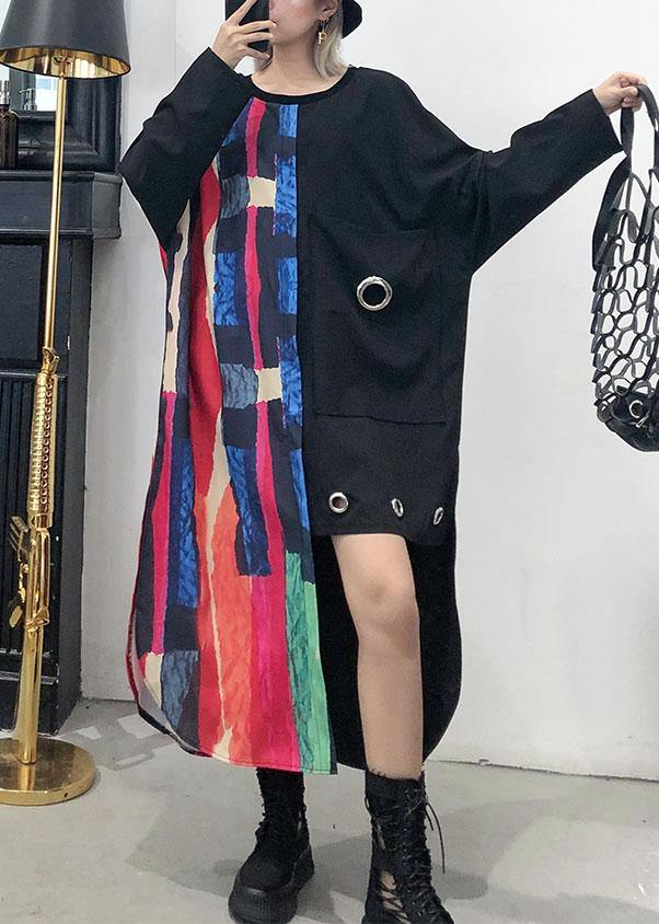 Loose asymmetric patchwork cotton quilting clothes Sleeve black Maxi Dress fall - SooLinen