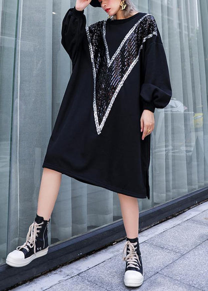Loose black Cotton clothes Women o neck Sequined Dresses - SooLinen