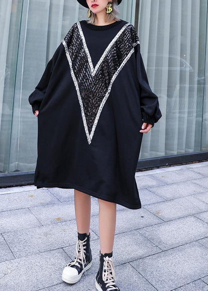 Loose black Cotton clothes Women o neck Sequined Dresses - SooLinen