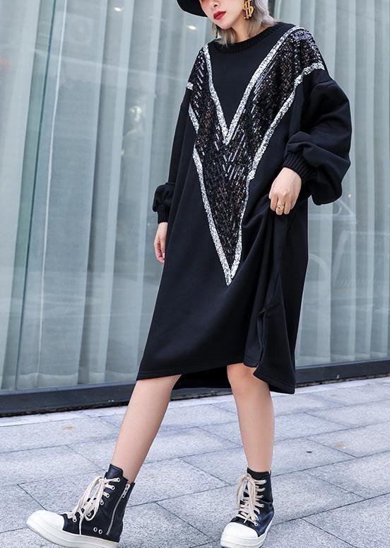 Loose black Cotton clothes Women o neck Sequined Dresses - SooLinen