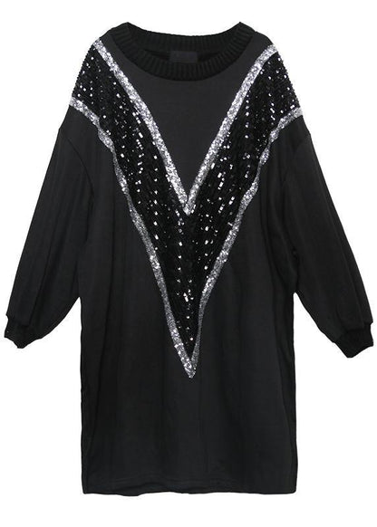 Loose black Cotton clothes Women o neck Sequined Dresses - SooLinen