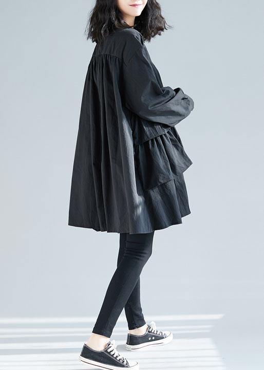Loose black Cotton quilting dresses layered ruffles Art shirt Dress - SooLinen