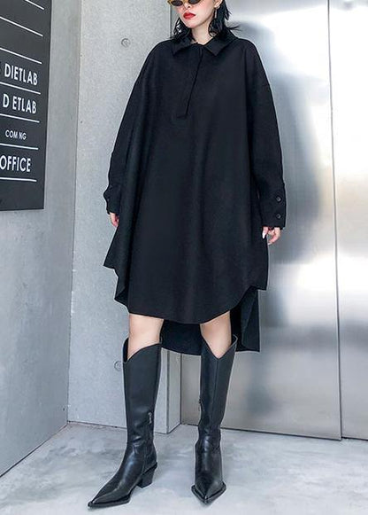 Loose black Cotton tunic pattern lapel low high design Art Dresses - SooLinen