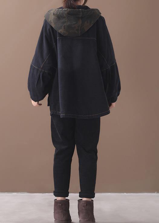 Loose black Fine clothes For Women Sewing two pockets patchwork hooded outwear - SooLinen